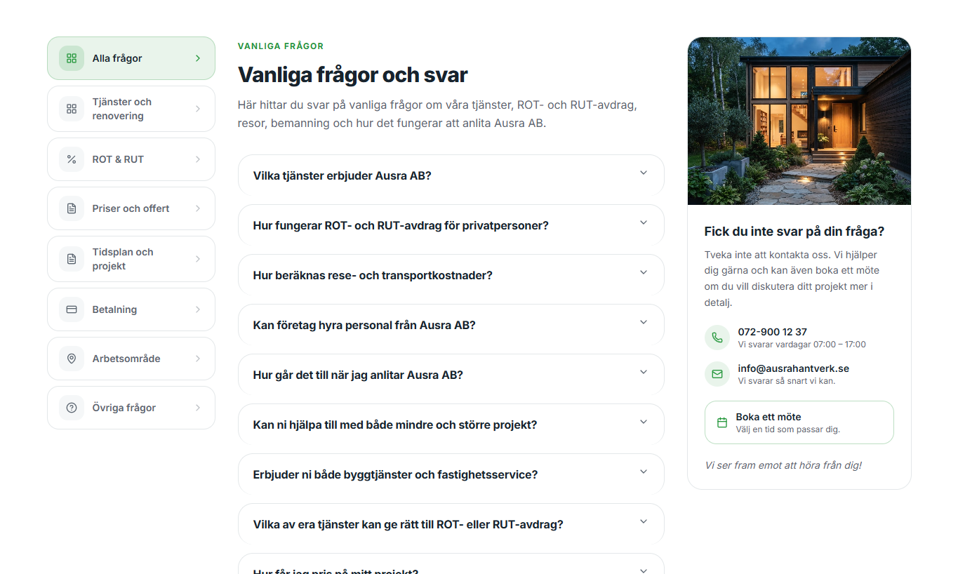 Vanliga frågor och svar på Ausra AB:s hemsida