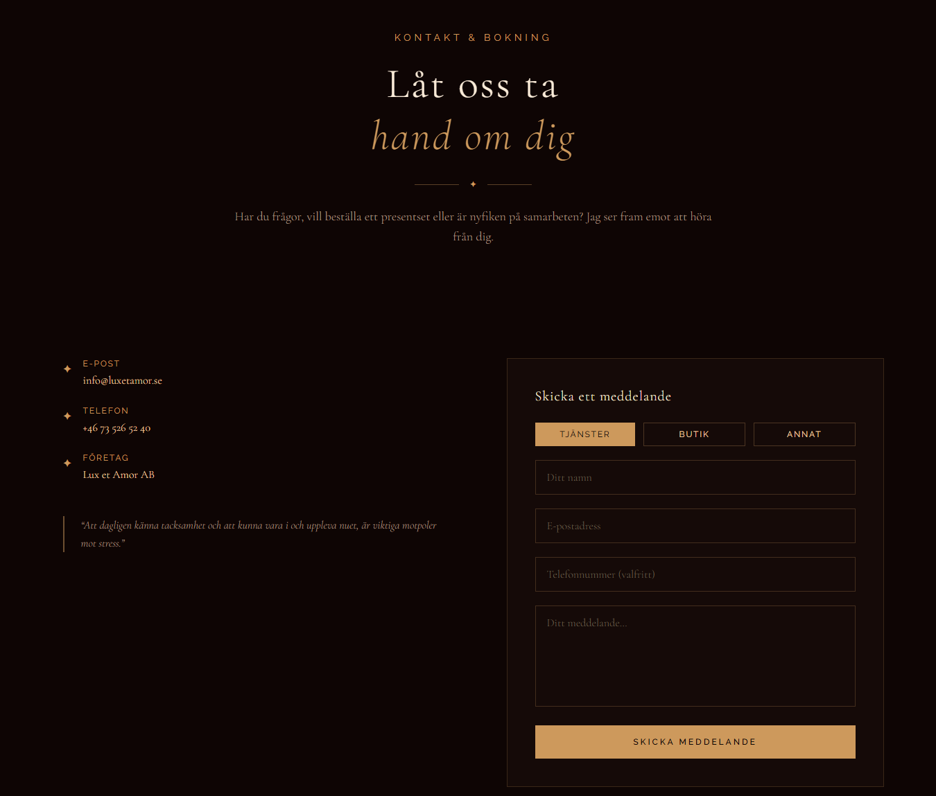 Kontakt- och bokningssida på Lux et Amors hemsida